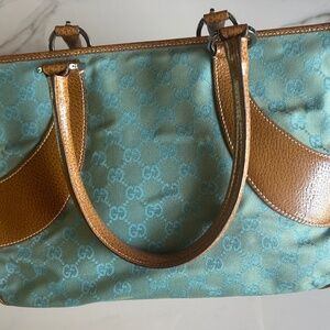 Gucci Blue GG Canvas Handbag with brown leather detailing authentic purse